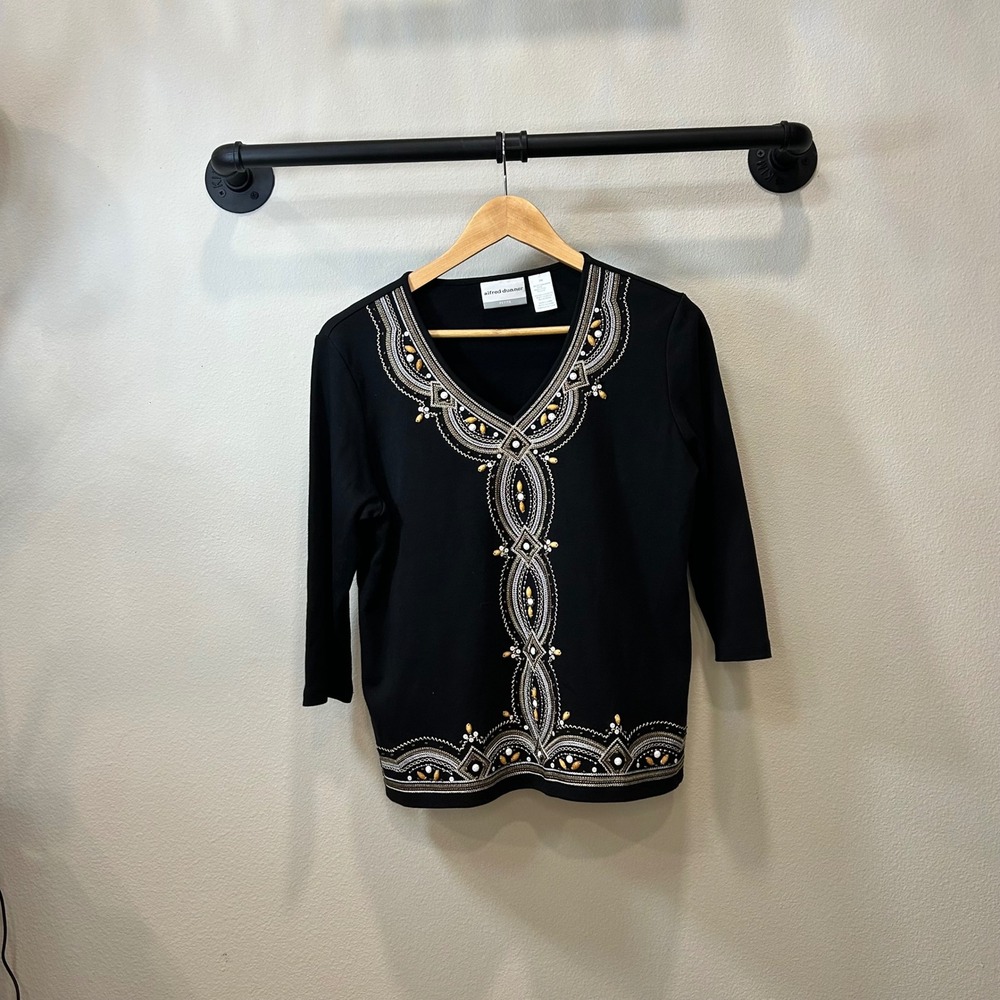 Alfred Dunner Petite Black Embroidered Embellished V-Neck 3/4 Sleeve Top PM 0582